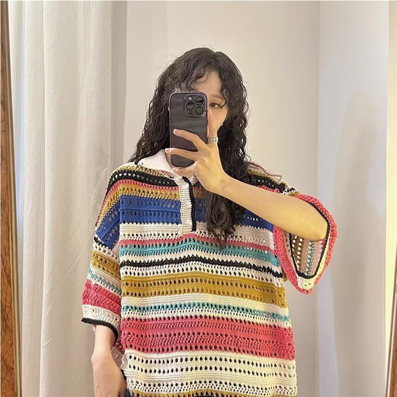 彩色冰丝条纹镂空针织polo衫t恤女夏季正肩港风chic别致短袖上衣,男装T恤,星座506A