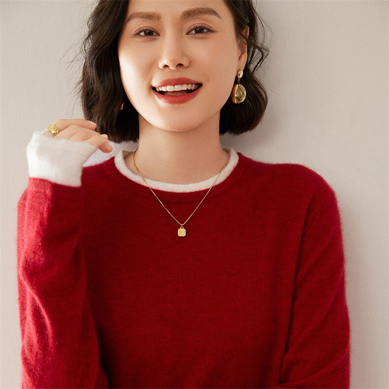 2024新款圆领撞色羊绒衫女亲肤韩版针织毛衣假两件打羊绒底衫女,女装羊绒衫,尚达羊绒
