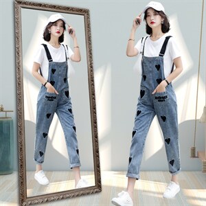 牛仔背带裤女2021年夏季新款时尚韩版宽松复古港味可爱日系套装图片