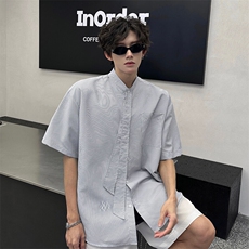 夏季新款学院风条纹衬衫搭配可拆卸领带英伦风条纹打底衬衫P39，男装衬衫，电商B319