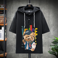 LD54211-P45连帽短袖t恤男大码胖子带帽五分袖中袖展架，男装T恤，电商A040A