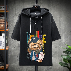 LD54211-P45 连帽短袖t恤男大码胖子带帽五分袖中袖 展架图片
