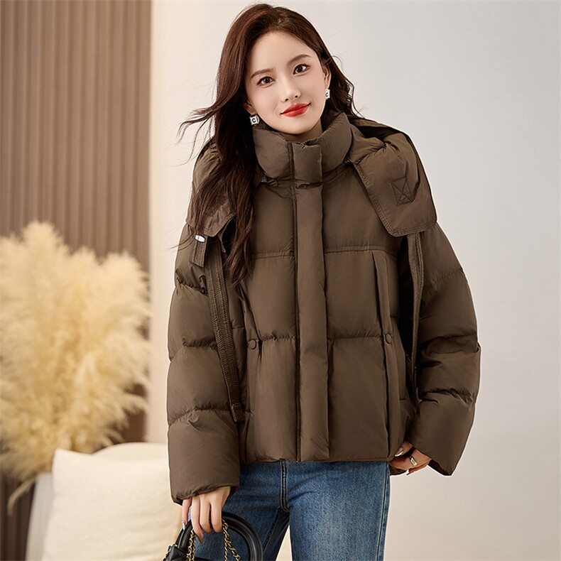 连帽飘带短款羽绒服女2024冬季新款加厚小个子90白鸭绒面包服外套,女装羽绒服,衣之秀