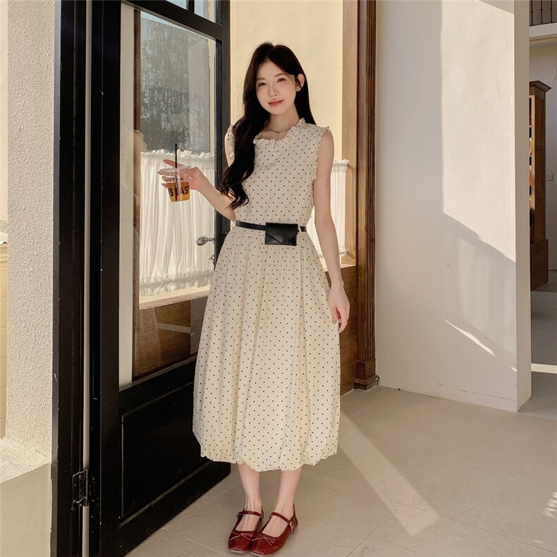 法式波点无袖连衣裙女2025夏季新款高级感气质收腰显瘦花苞背心裙,女装连衣裙,2C159