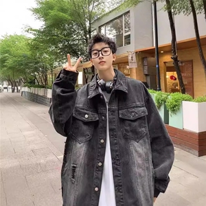 美式复古oversize牛仔外套秋季时尚穿搭潮男破洞撞色设计感夹克潮