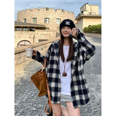 C144-P36韩版设计感休闲连帽格子衬衫外套女春秋季新款宽松，男装衬衫，电商B323A