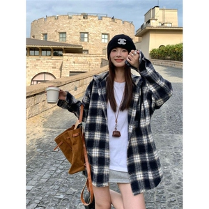 C144-P36 韩版设计感休闲连帽格子衬衫外套女春秋季新款宽松图片