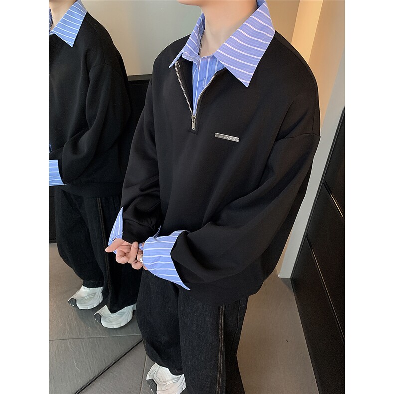 复古条纹拼接翻领假两件卫衣男女秋季灰色宽松外套上衣W100-P58,女装短外套,电商C307