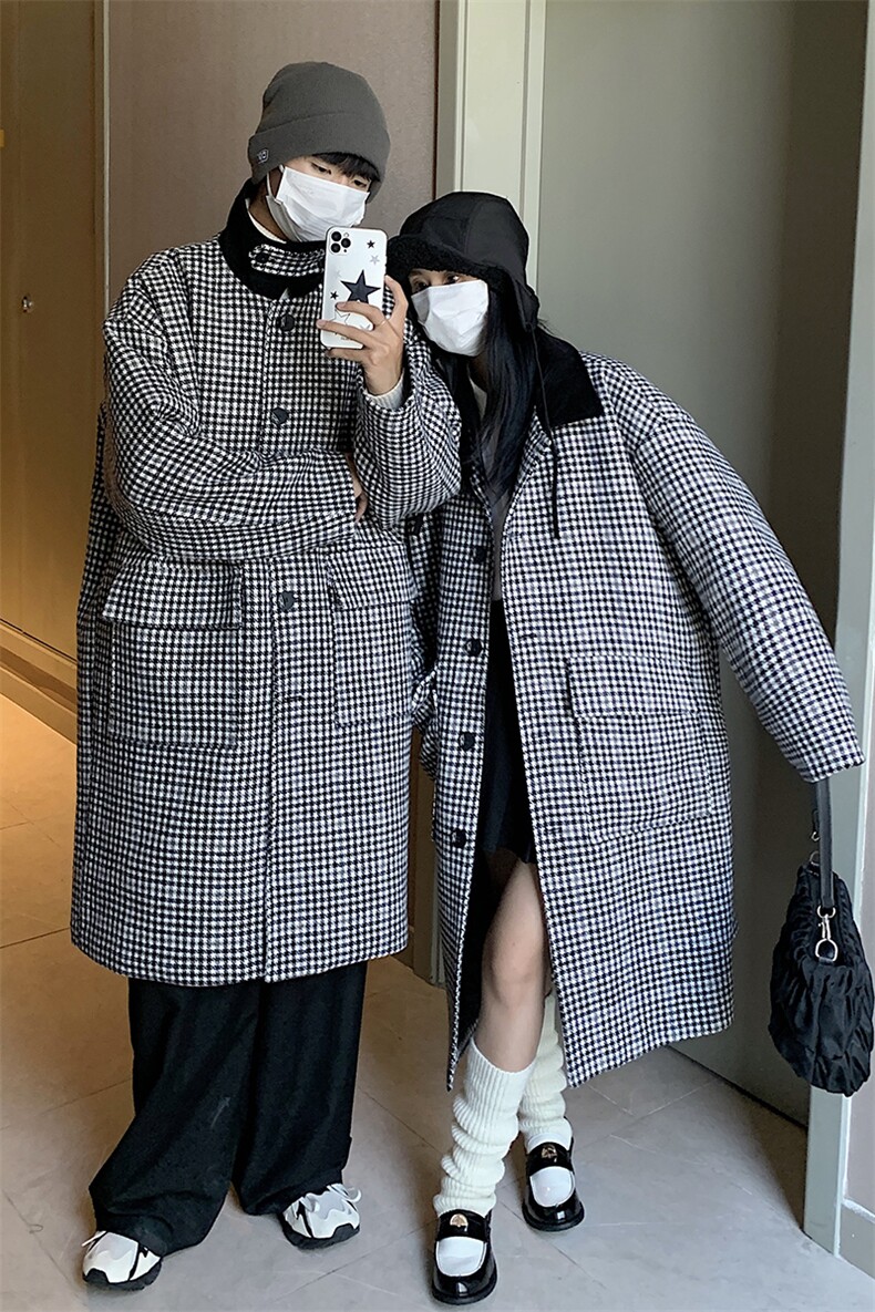 情侣装冬中长款呢大衣翻领宽松廓形格纹夹棉毛呢外套G1038P128女,女装短外套,电商A339