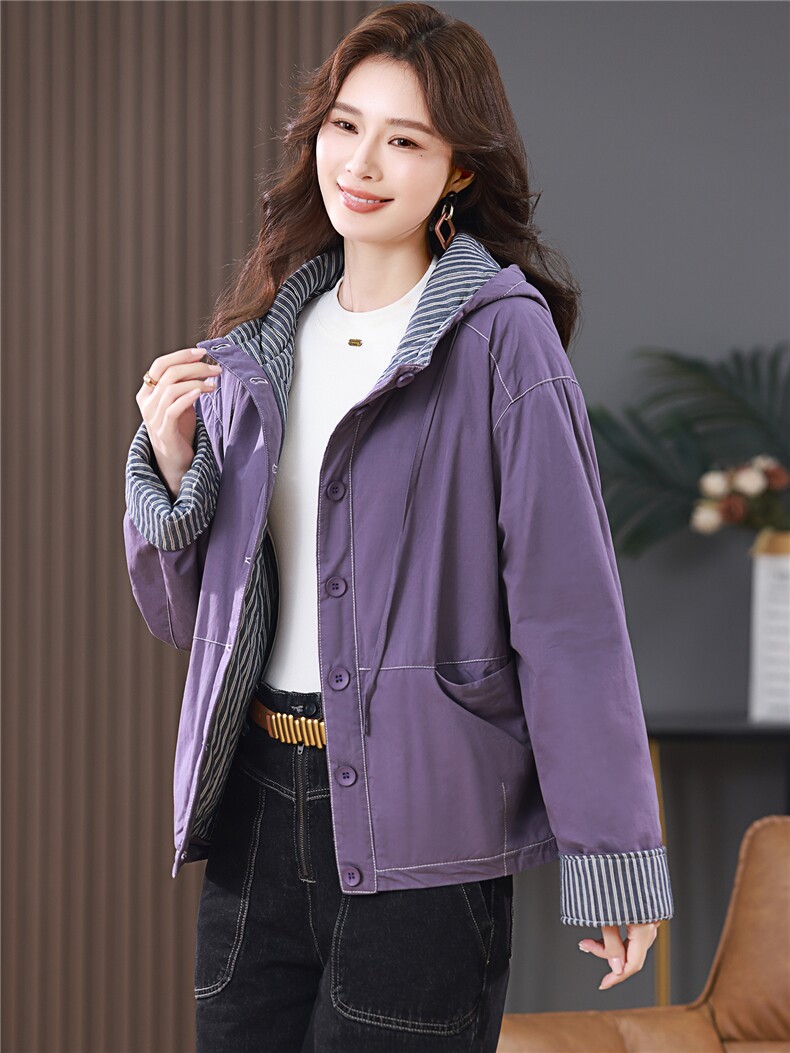 2025年冬季新款条纹拼接连帽棉服加厚保暖外套,女装棉衣/棉服,忆绮罗