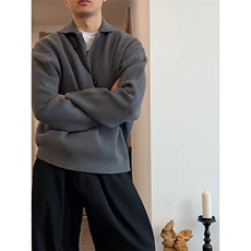 重磅秋冬北极绒亨利领毛衣开衫美式复古休闲慵懒风纯色翻领针织衫，男装针织衫/毛衣，电商A486-1