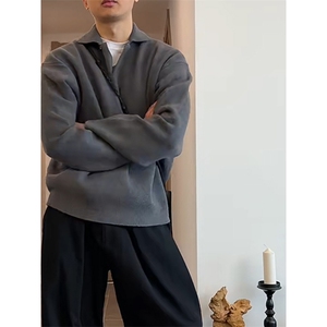 重磅秋冬北极绒亨利领毛衣开衫美式复古休闲慵懒风纯色翻领针织衫图片