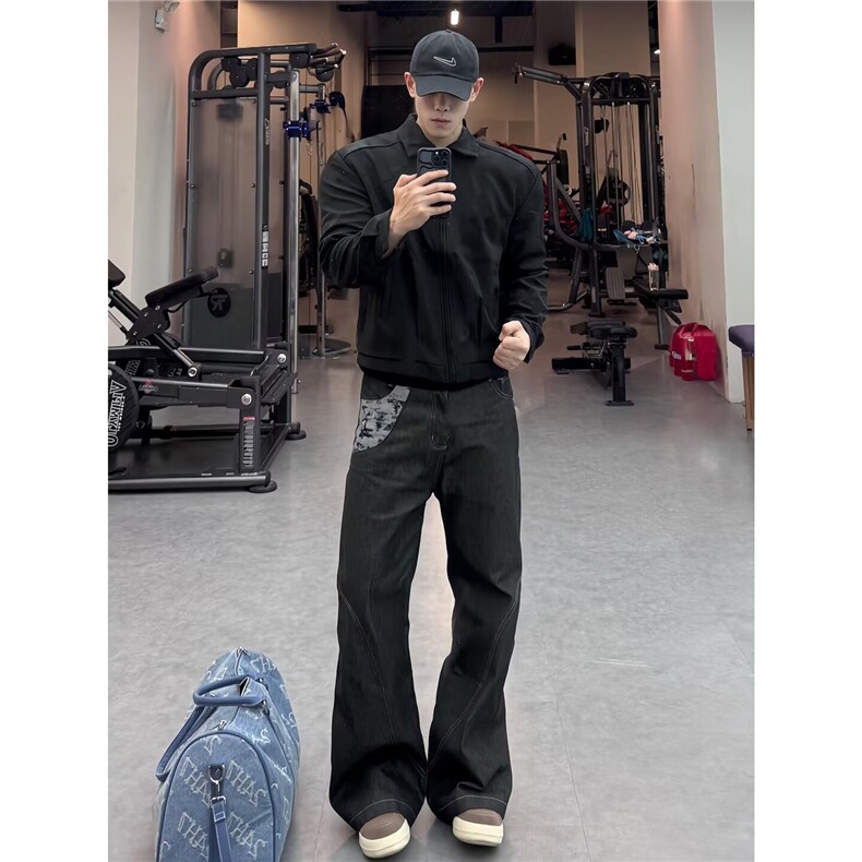 蛇迹A字版型提花拼接牛仔裤男潮牌美式cleanfit微喇宽松阔腿长裤图片