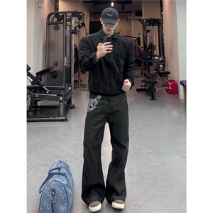 蛇迹A字版型提花拼接牛仔裤男潮牌美式cleanfit微喇宽松阔腿长裤,西装裤穿搭大学生图片