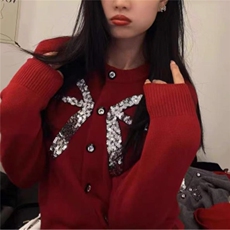 7针纯毛纯手工亮片蝴蝶结开衫2025年秋季羊毛针织衫，女装羊毛衫，百纯羊绒