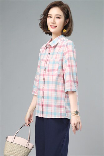 纯棉格子衬衣女款2025新款爆款春秋中老年女士衬衫长袖上衣,女装衬衫,奕阳依阁