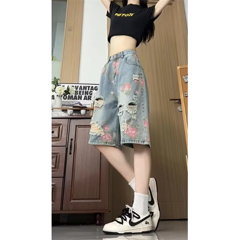 破洞牛仔短裤女2025新款夏季外穿中裤子宽松休闲五六分裤N837,男装牛仔裤,星座1116A（原606A-3）
