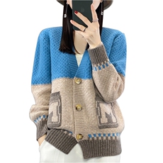 V领拼色100%纯羊毛开衫女秋冬加厚带兜针织外套宽松羊绒衫上衣，女装羊毛衫，蒙特羊绒