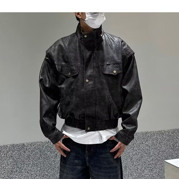 复古夹克外套男水洗做旧宽松简约黑色开衫休闲牛仔外套,男装工装外套,星座1210-1