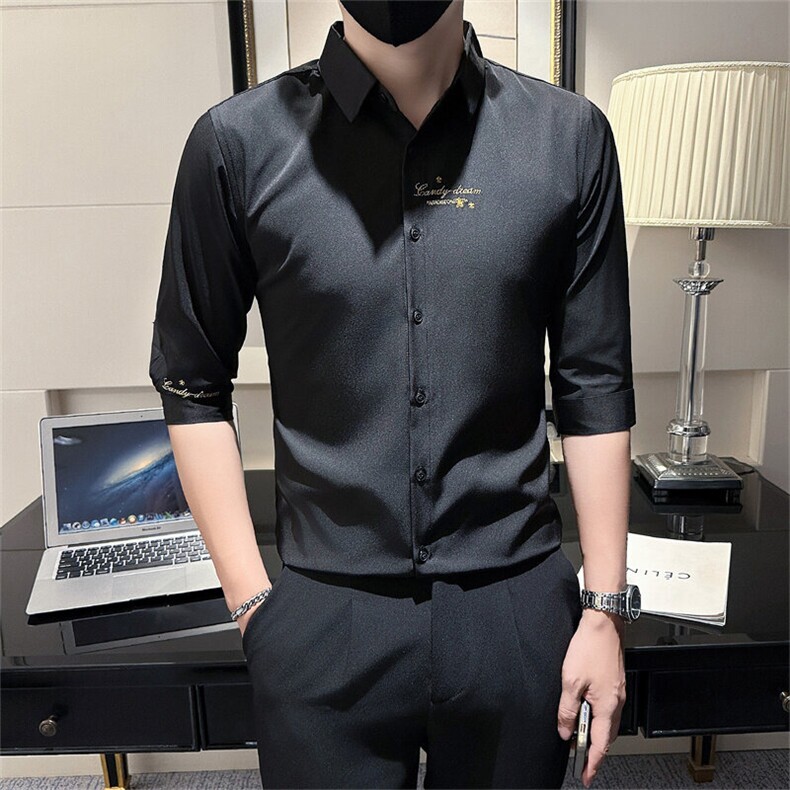 店主风夏季男士刺绣痞帅修身七分袖衬衫301A-1/CS331/P55图片