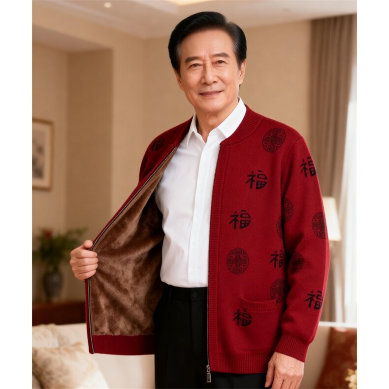 2026年秋季时尚百搭通勤简约休闲拉链福字,男装中老年男装,思涛羊绒