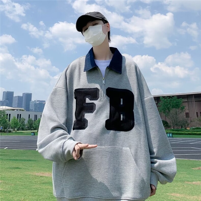 男卫衣华夫格套头卫衣POLO领秋季原宿慵懒ins潮男宽松Y8504P38,男装卫衣,星座1116-2