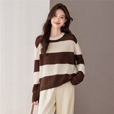 100%细羊毛慵懒针织衫春秋打底长袖女条纹大码宽松亲肤蝙蝠袖毛衣，女装羊毛衫，艾米