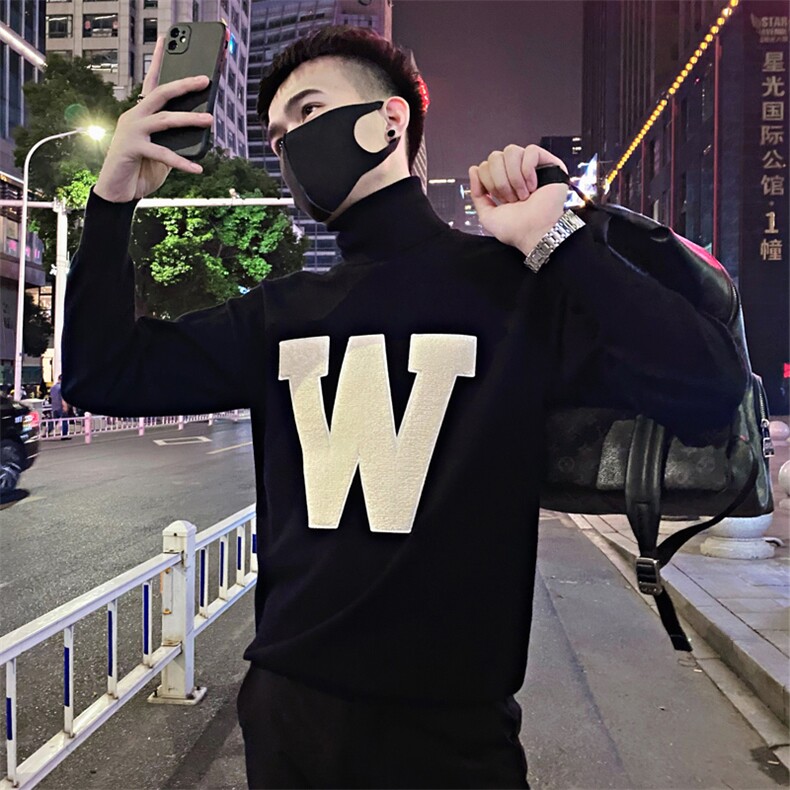 MY56/特P88控118冬季韩版百搭刺绣大字母W高领套头毛衣男黑首1,男装针织衫/毛衣,星座305B