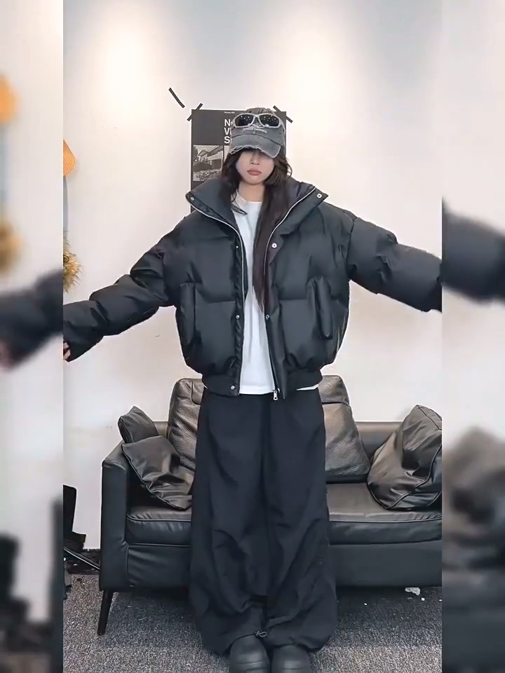 现货5W件冬季三防重磅硬挺boxy短款羽绒立领PU皮棉衣外套加厚棉服,男装棉衣,电商A486-1
