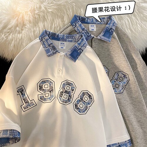 新款优品男士短袖刺绣贴标半开拉链印花T恤宽松上衣ZD3314-P54，男装T恤，星座717