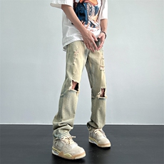 牛仔裤男夏季黄泥色破洞直筒牛仔裤高街vibe潮牌痞帅PN6213-P42，男装牛仔裤，星座1001-1