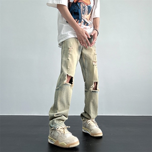牛仔裤男夏季黄泥色破洞直筒牛仔裤高街vibe潮牌痞帅 PN6213-P42图片