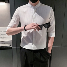 店主风社会小伙男士立领纯色中袖衬衫男痞帅衬衣301/CS398/P55，男装衬衫，星座301A-1