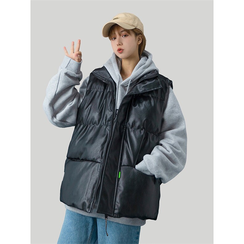 美式复古PU皮马甲棉服男女冬季潮牌宽松加厚立领坎肩外套HY22P85,男装棉衣,电商A102B