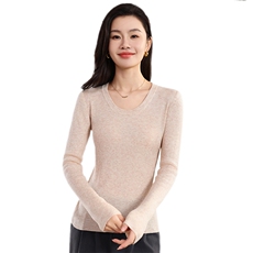 女士秋季新款修身显瘦U型领针织打底衫时尚百搭长袖毛衣，女装针织衫/毛衣，奢优羊绒