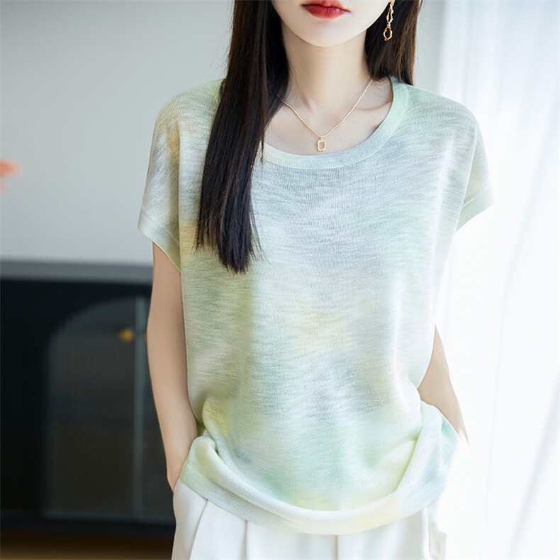 法式印花冰麻针织短袖T恤女2025夏薄透气宽松显瘦上衣小飞袖t恤衫,针织衫/毛衣,郡淞羊绒