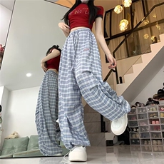 复古格子褶皱阔腿裤女夏季新款高腰显瘦百搭两穿直筒束脚KA8021，男装休闲裤，星座1116A（原606A-3）