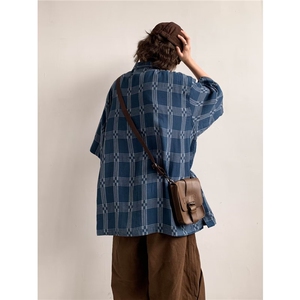 格子短袖衬衫男夏季日系复古宽松休闲五分袖IC117-P42图片