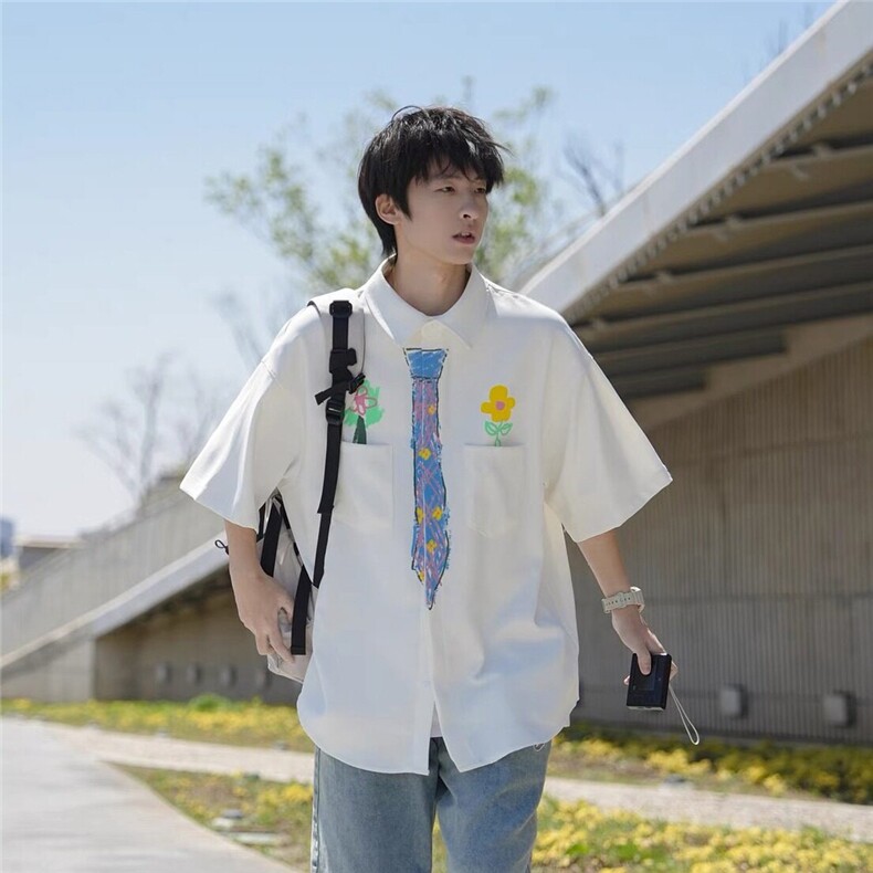 小众植物花卉涂鸦印花短袖衬衫男女夏薄款白色衬衣外套-CY377,男装T恤,星座601-1
