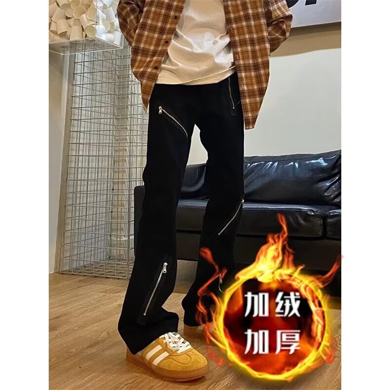 高街拉链小众黑色加绒牛仔裤潮牌复古直筒微喇裤子K6087-P48网图图片
