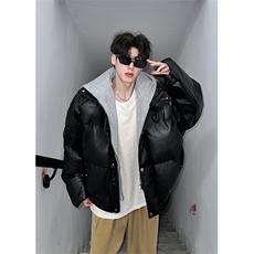 405A美式高街个性连帽设计假两件pu皮棉服MY24920-P158控188，男装棉衣，星座405A