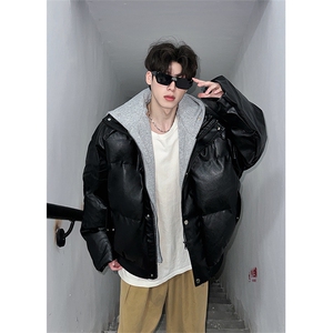 405A  美式高街个性连帽设计假两件pu皮棉服   MY24920-P158控188图片