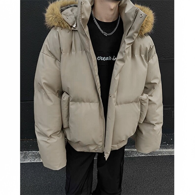 现货三防重磅硬挺boxy短款羽绒棉衣座山雕大毛毛领PU皮棉服外套冬图片