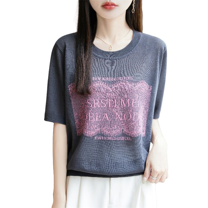 竹节麻减龄短袖T恤女新款套头气质半袖针织衫女宽松显瘦遮肉上衣,针织衫/毛衣,郡淞羊绒