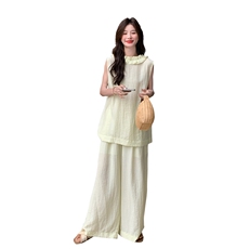 气质V领木耳边系带上衣阔腿裤套装女2025夏季新设计感无袖两件套，女装套装/套裙，1D066-1