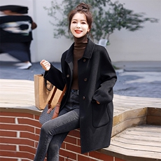 时尚显瘦黑色毛呢大衣女中长款双排扣宽松外套冬季新款女装，女装毛呢外套，秋水欣儿