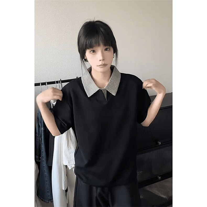 得物抖音高品质二开夏季美式潮牌假两件格子衬衫翻领高街短袖T恤,男装T恤,电商A486