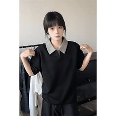 得物抖音高品质二开夏季美式潮牌假两件格子衬衫翻领高街短袖T恤，男装T恤，电商A486