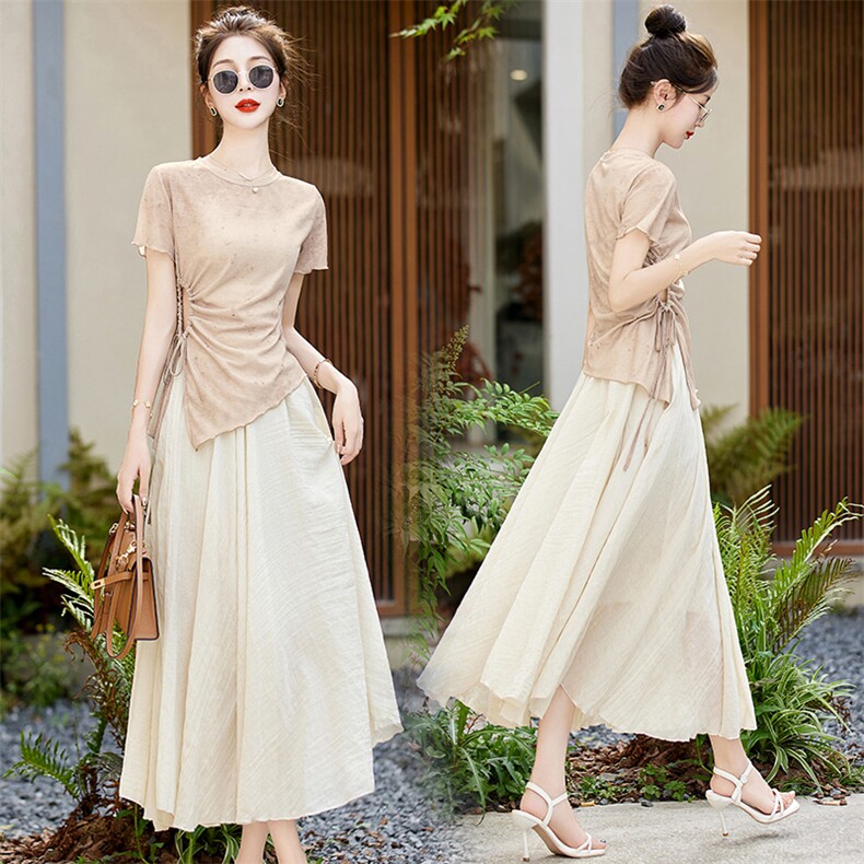 小香风半身裙套装女2023夏季新款高端气质女神范棉麻连衣裙两件套，女装套装/套裙，布芭啦