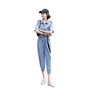 2021夏季新款潮流时尚个性气质翻领休闲舒适牛仔两件套图片